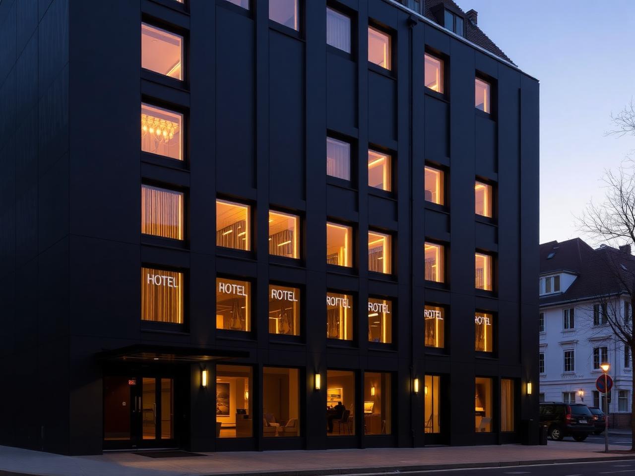 Roomers Hotel Baden-Baden modern design hotel exterior with dramatic black facade, warm illuminated windows at dusk and refined contemporary luxury