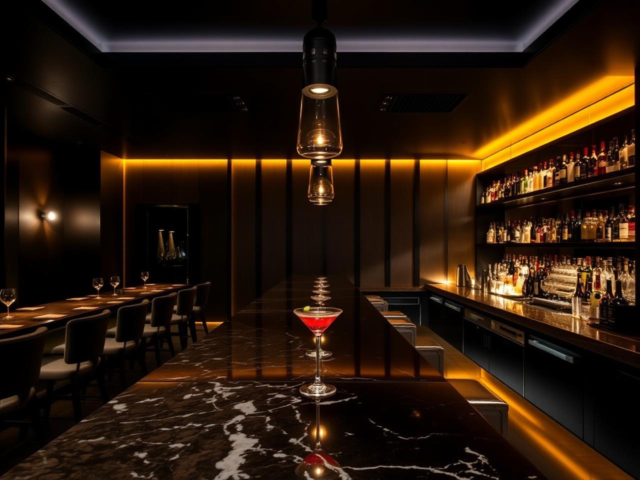 Roomers Bar Baden-Baden modern design hotel cocktail bar with marble counter, dark luxe interior and warm dim lighting