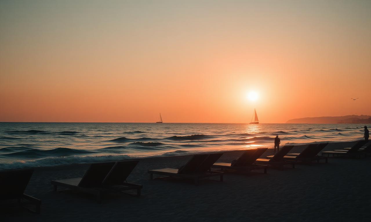 Barceloneta beach Barcelona at golden hour with Mediterranean sea, calm waves and refined sun loungers