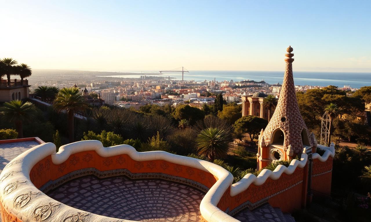Park Guell Barcelona iconic mosaic terrace by Antoni Gaudi with view over the city and Mediterranean sea in soft afternoon light