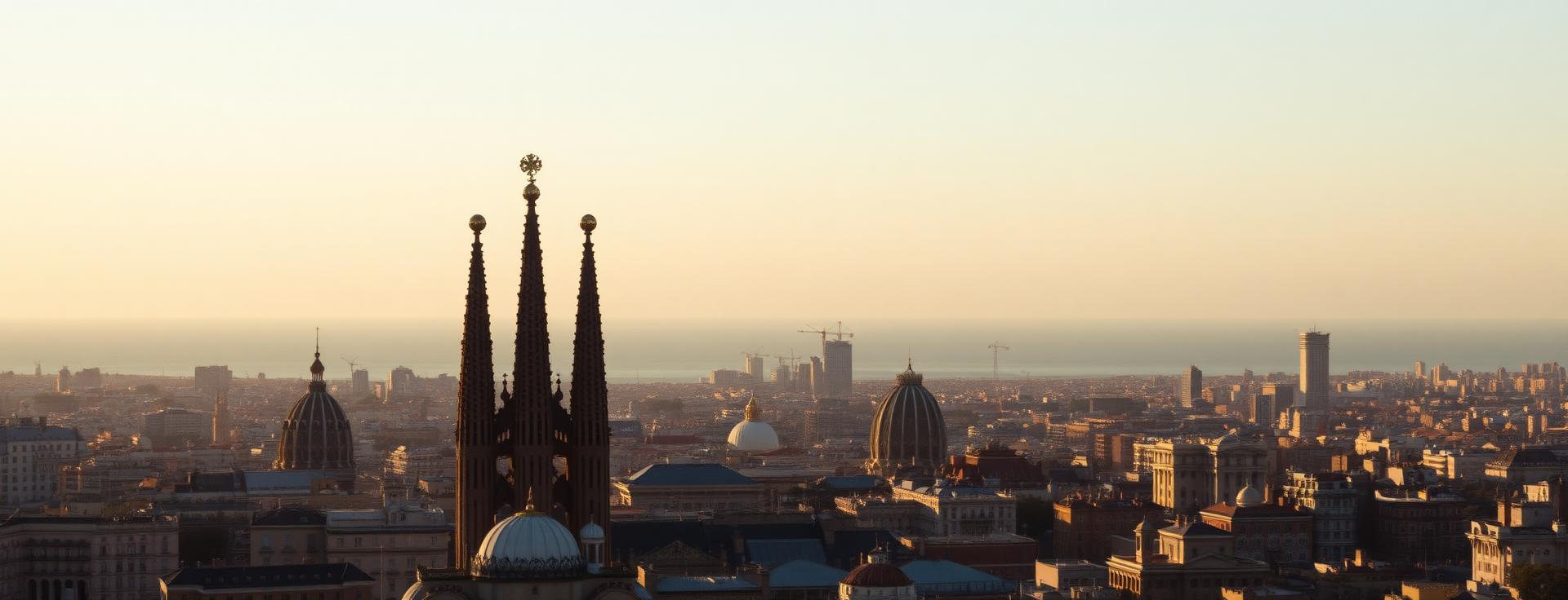 Barcelona panorama at first light with Sagrada Familia spires and the Mediterranean sea in the distance with soft pastel sunrise