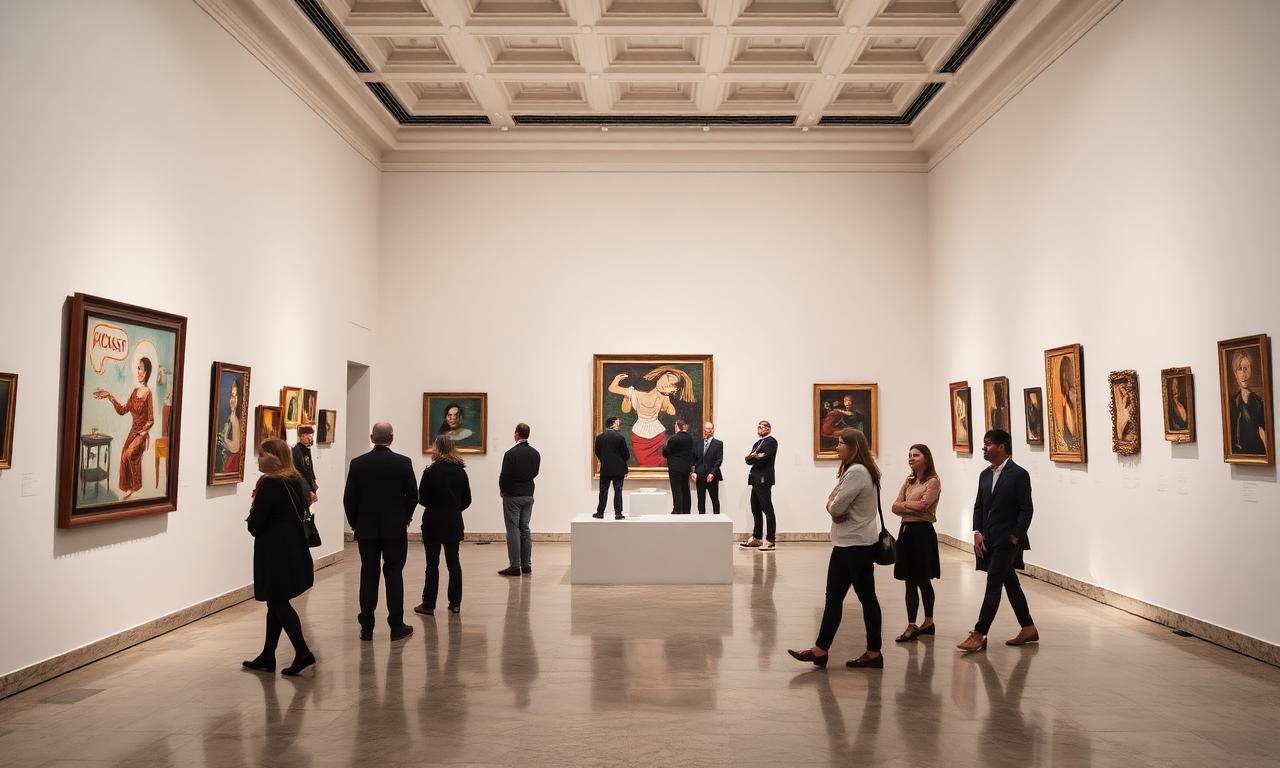 Picasso Museum Barcelona elegant interior gallery space with white walls, modern art on display and refined visitors