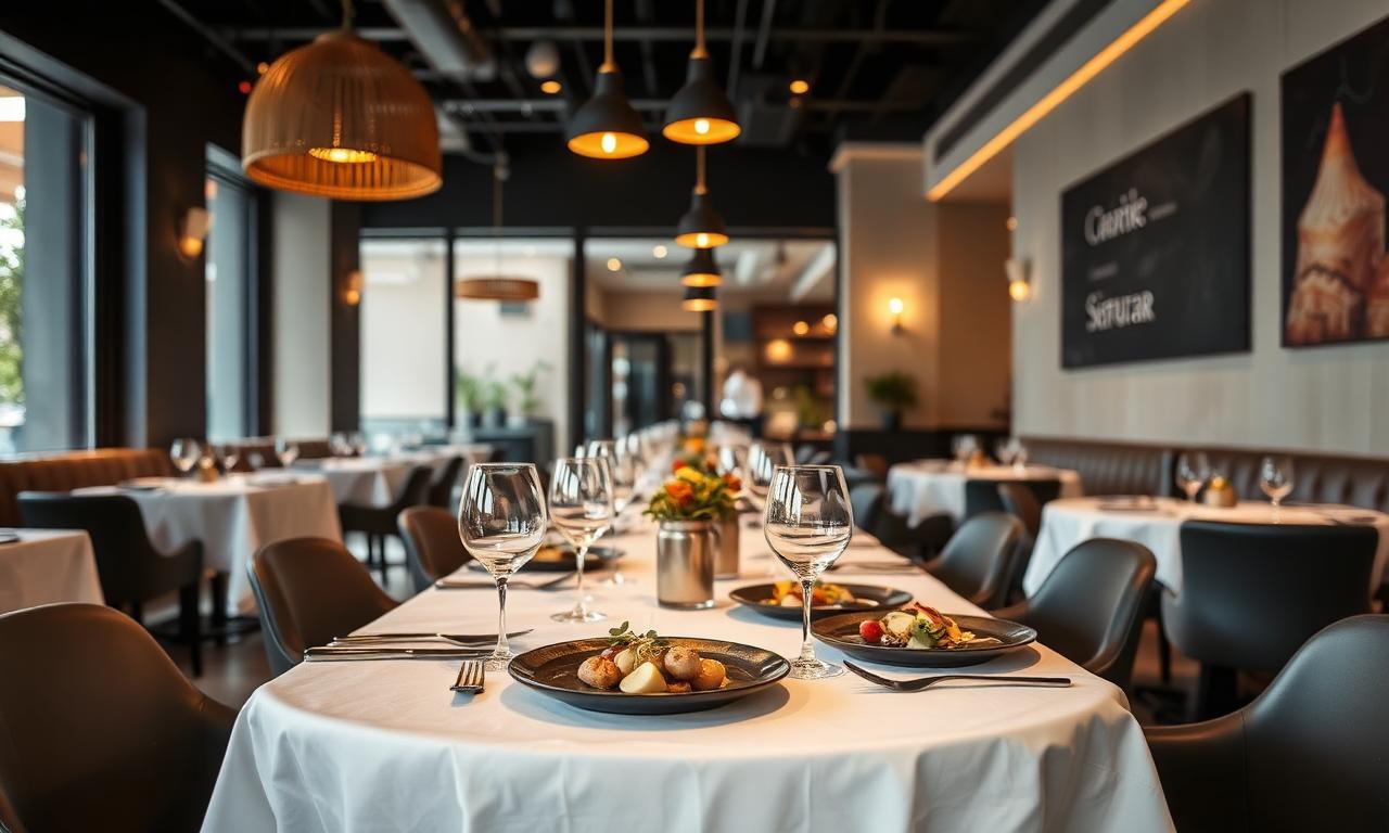 Disfrutar restaurant Barcelona modern fine dining interior with avant-garde plating, white tablecloths and warm pendant lighting