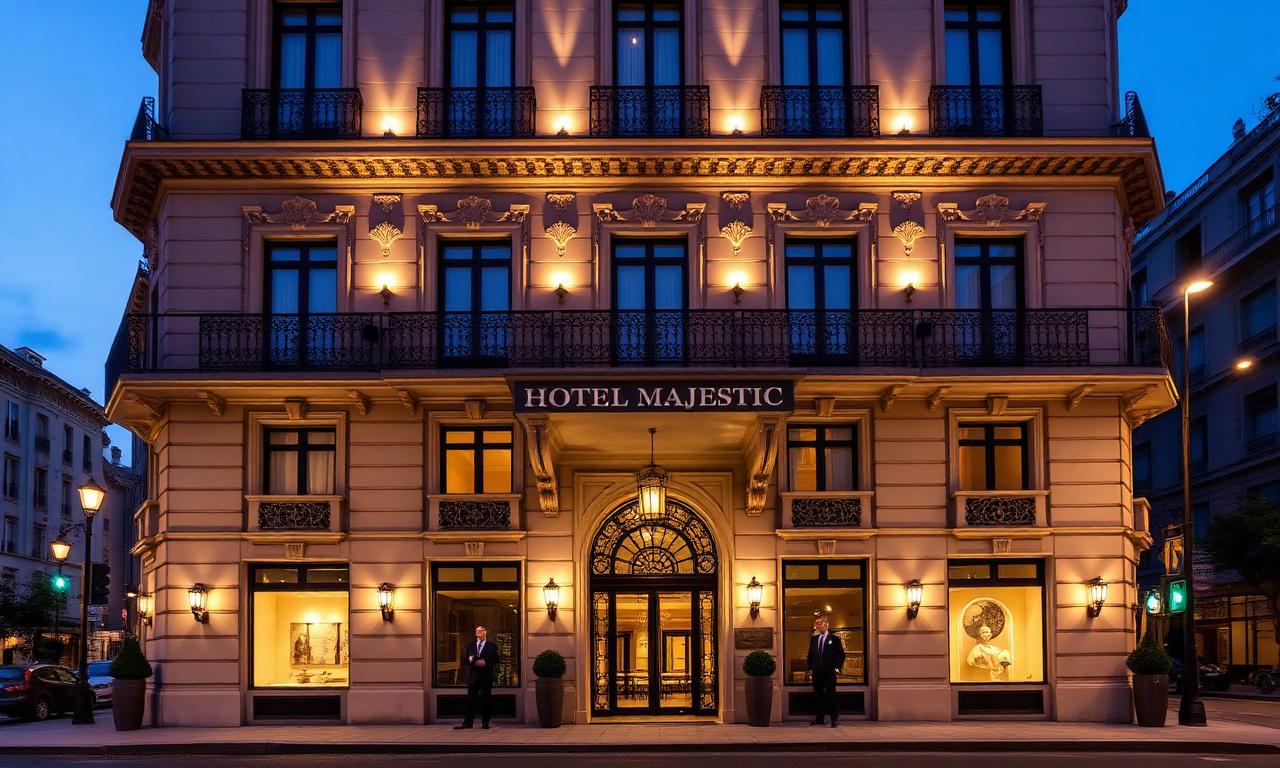 Hotel Majestic Barcelona grand classical luxury hotel facade illuminated at dusk on Passeig de Gracia with refined doormen