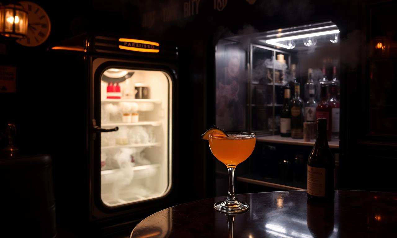 Paradiso speakeasy cocktail bar Barcelona hidden behind a pastrami fridge with theatrical smoked cocktail and warm dim lighting