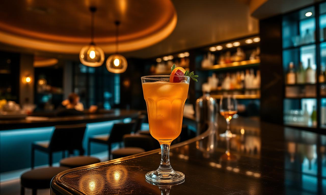 Sips cocktail bar Barcelona refined modern interior with curved counter, warm low lighting and beautifully made cocktail