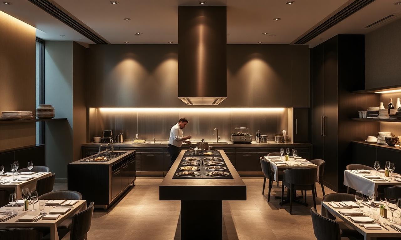 Cocina Hermanos Torres Barcelona contemporary fine dining open kitchen with central cooking stations and dramatic warm lighting