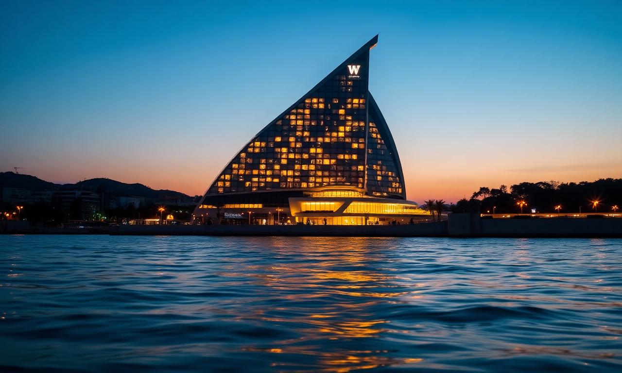W Barcelona iconic sail-shaped luxury hotel facade on Barceloneta beach at dusk