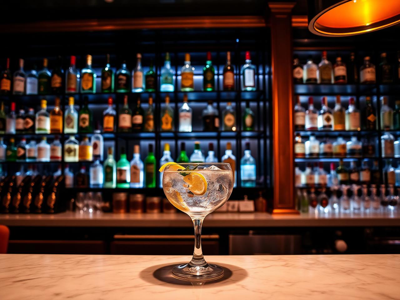Elegant gin bar with a wall of botanical gin bottles softly backlit and a single gin and tonic on a marble counter