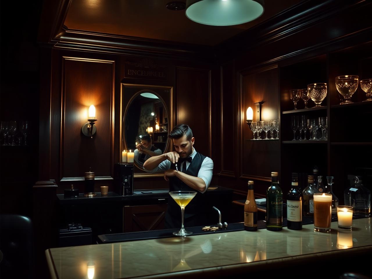 Dark wood-panelled cocktail bar with low candlelight, a bartender preparing a drink and vintage glassware on shelves