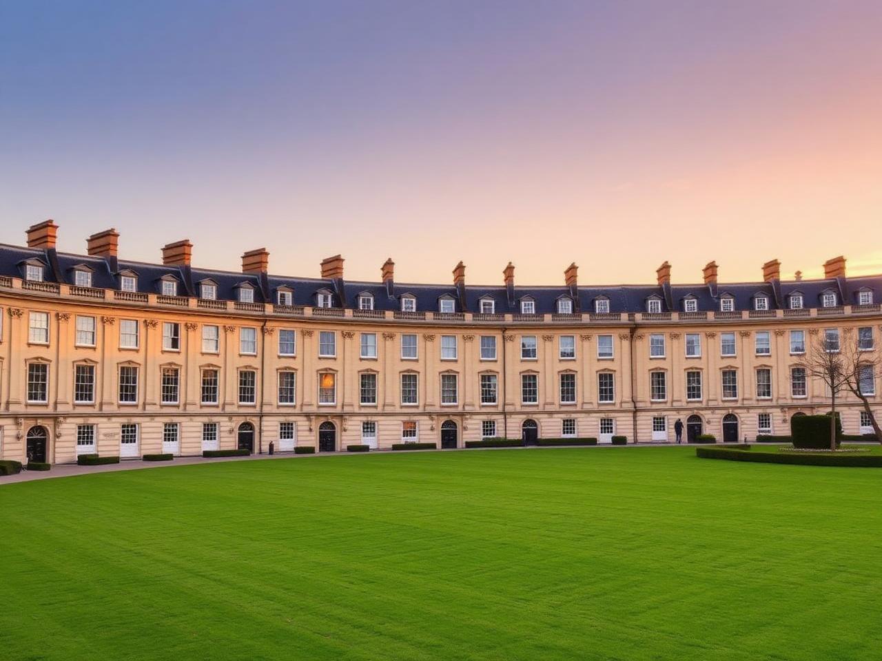 The Royal Crescent in Bath at golden hour with thirty Georgian townhouses in honey limestone and manicured lawn