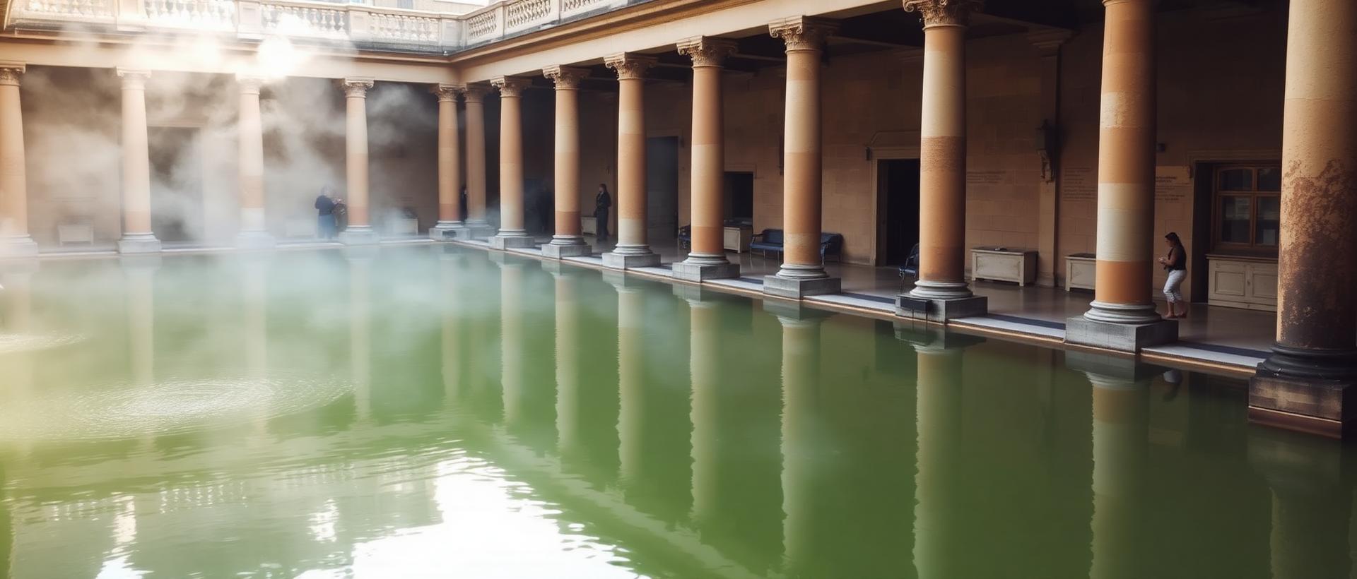 The Roman Baths in Bath at first light with steam rising from the green thermal water and stone columns