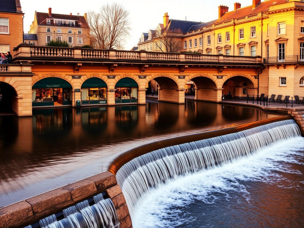 Pulteney Bridge in Bath at golden hour with the curved weir below cascading water and shops built into the bridge
