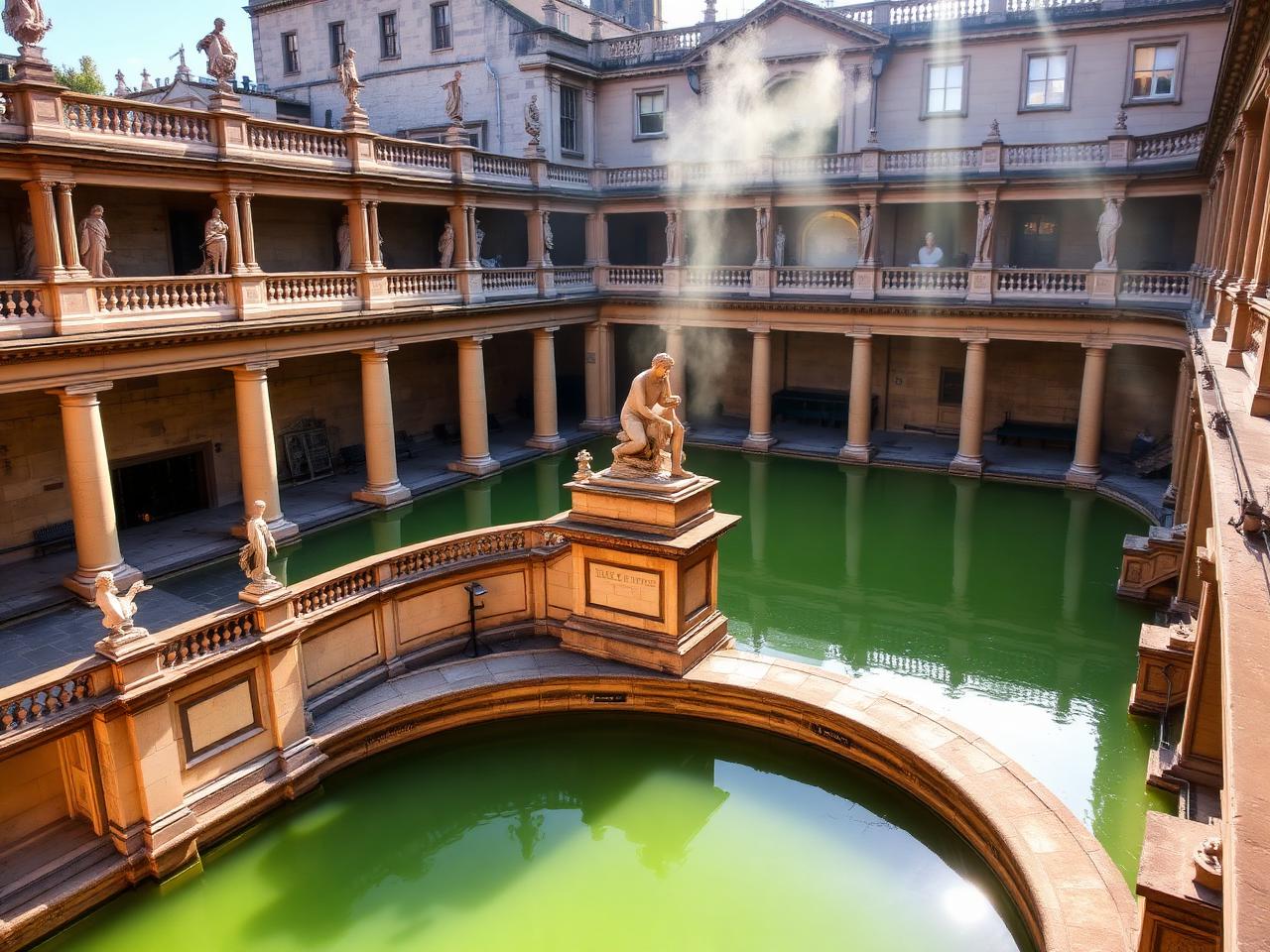The Roman Baths in Bath with a historic stone pool of green steaming water surrounded by columns and statues