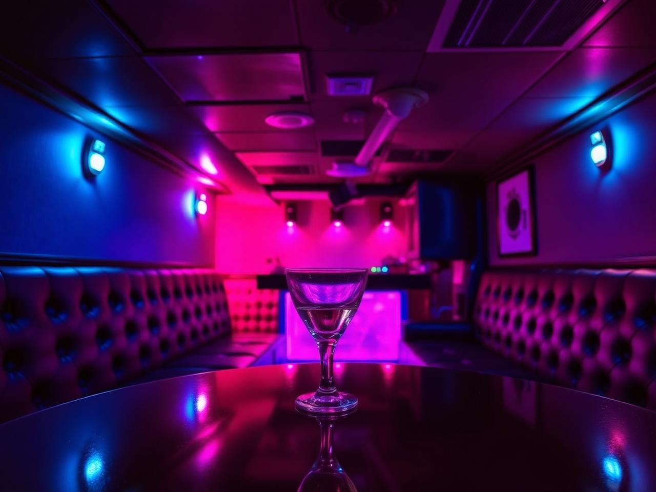 Small basement nightclub interior with low ceilings, dramatic blue and magenta lighting and leather banquettes