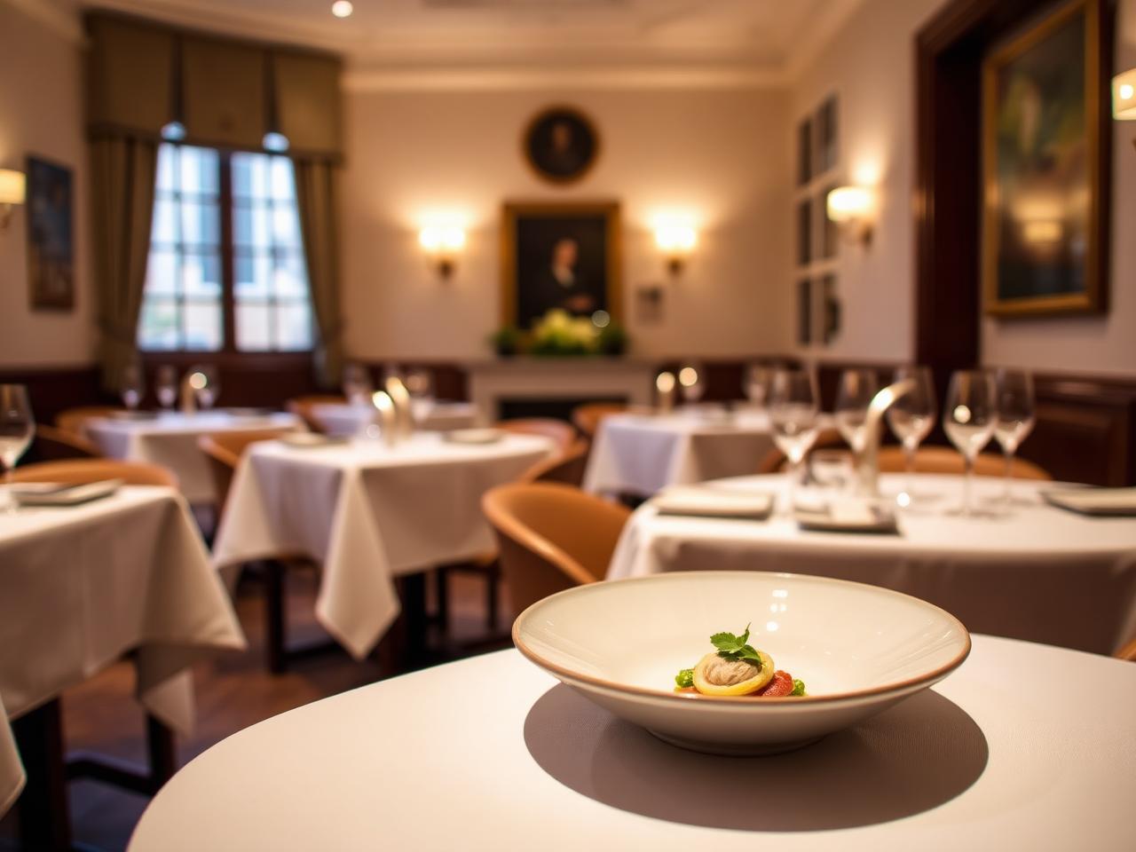 Refined Michelin-starred dining room with white tablecloths, soft candlelight and a beautifully plated tasting course