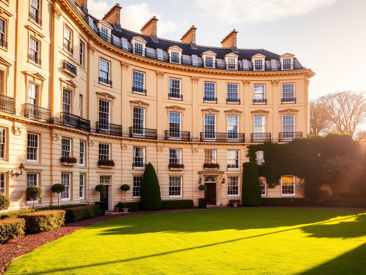 The Royal Crescent Hotel facade in honey limestone at golden hour