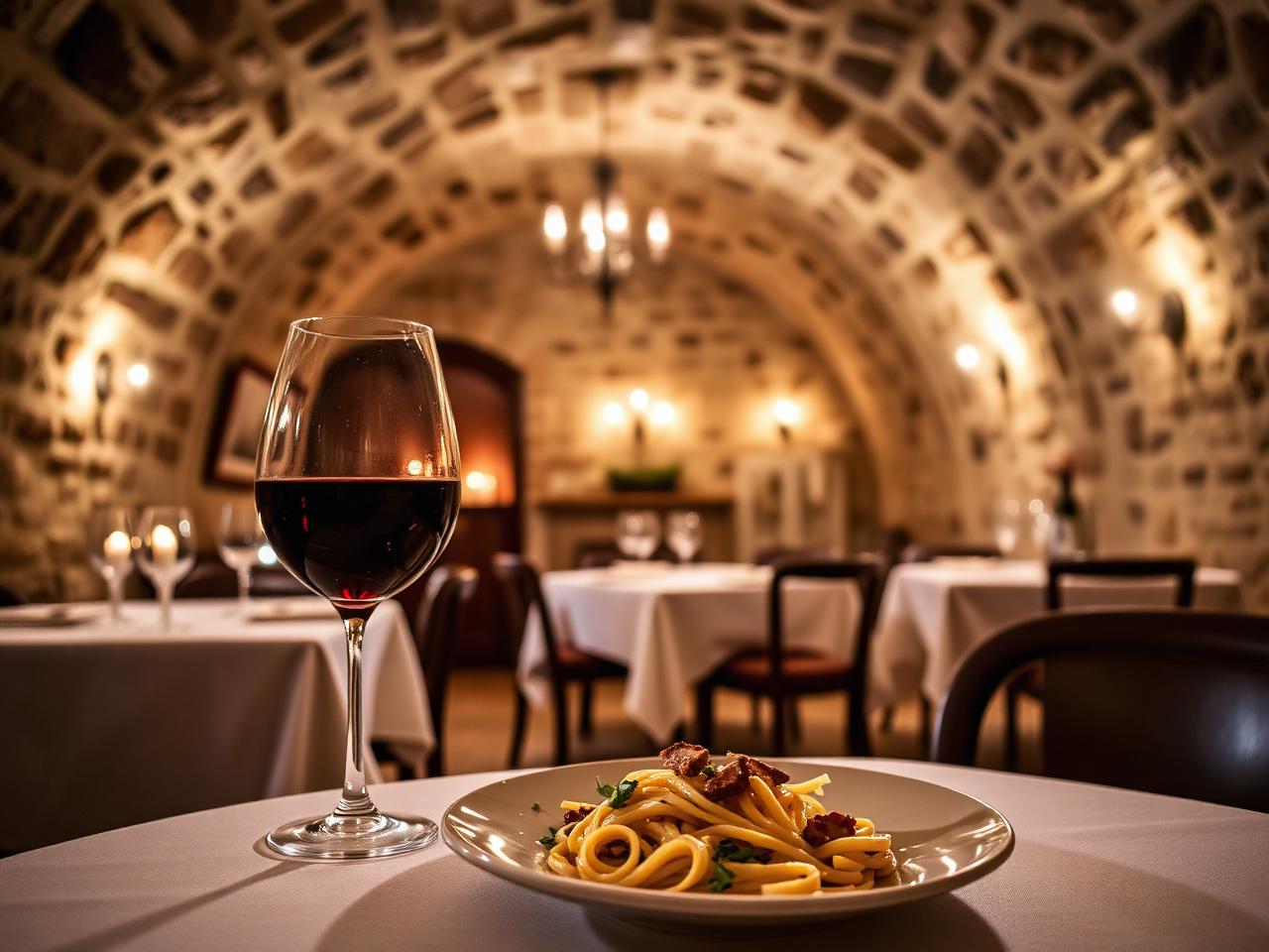 Intimate Italian restaurant in a candlelit basement vaulted dining room with stone walls, white linen and red wine
