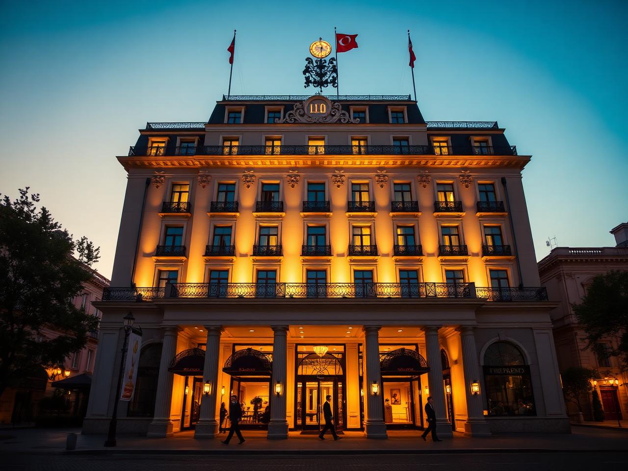Hotel Adlon Kempinski Berlin grand classical luxury hotel facade at dusk