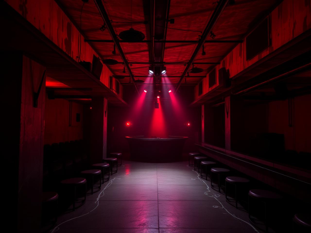 Berghain style industrial nightclub Berlin dramatic concrete interior with atmospheric red and warm light, considered late night techno atmosphere
