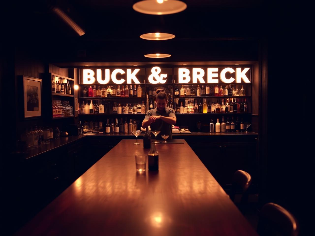 Buck and Breck speakeasy Berlin Mitte intimate dark bar with long communal counter, warm low lighting and refined classic cocktails