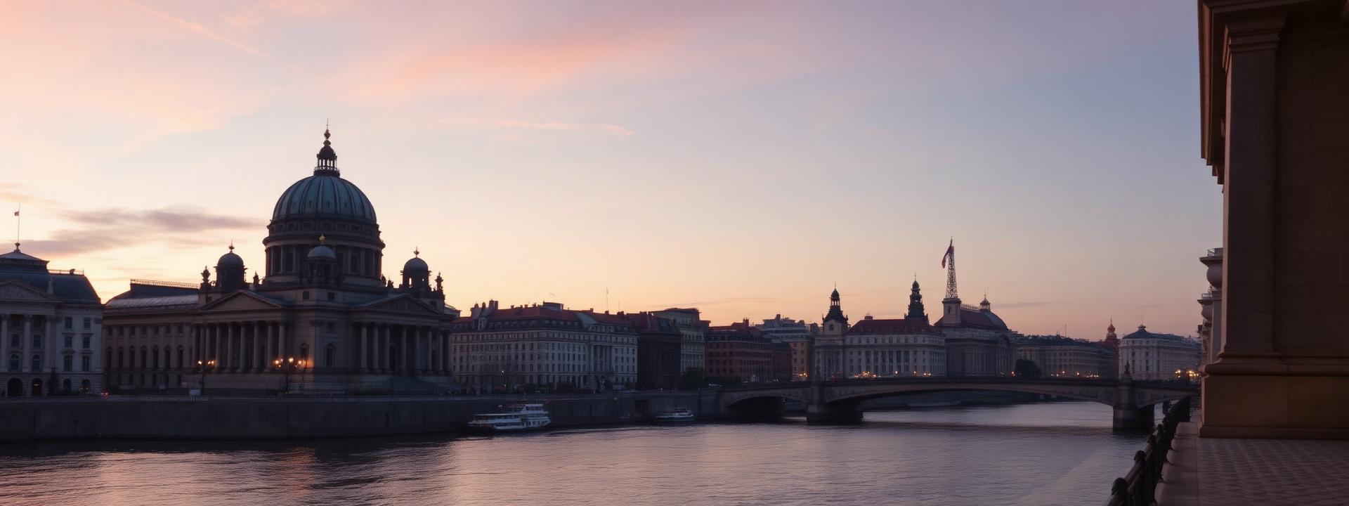 Berlin panorama at first light with the Spree river, Museum Island and the Berliner Dom dome under a soft pastel sunrise