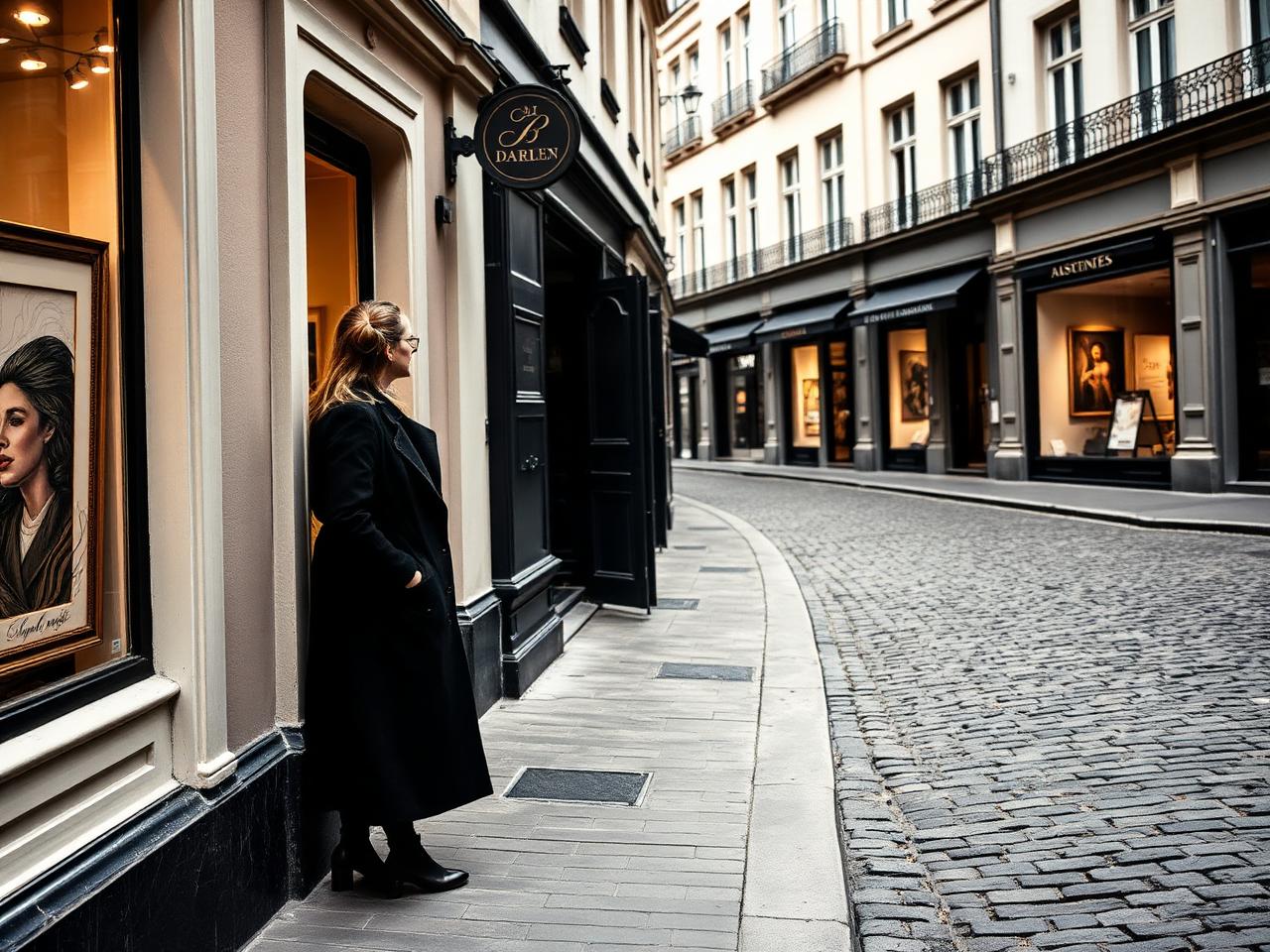 Mitte Berlin elegant boutique gallery district street scene with refined cobblestone street, art galleries and a stylish woman in a long coat