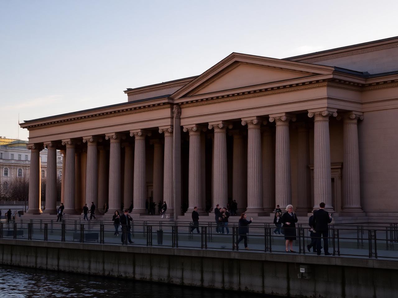 Museum Island Berlin Pergamon Museum and Altes Museum classical colonnade in warm golden afternoon light with refined visitors and the Spree river