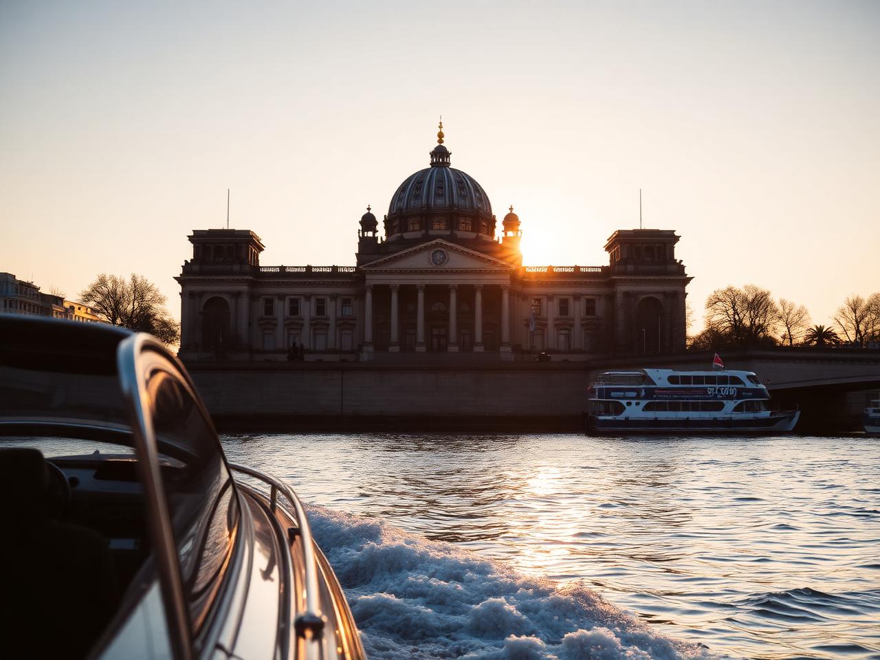 Spree river at golden hour Berlin private boat with the Reichstag glass dome in distance, warm sunset light reflecting on water