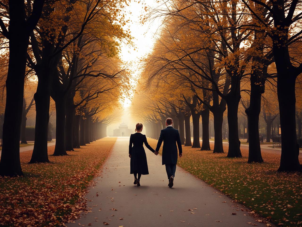 Tiergarten Berlin in autumn tree-lined path with golden leaves, soft warm afternoon light and an elegant couple walking