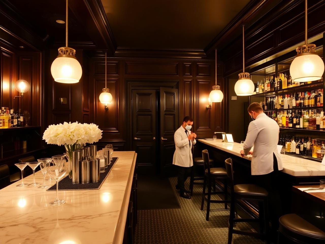 Schumann's style classical cocktail bar Berlin interior with dark wood paneling, marble counter, white-jacketed bartenders and warm dim lighting