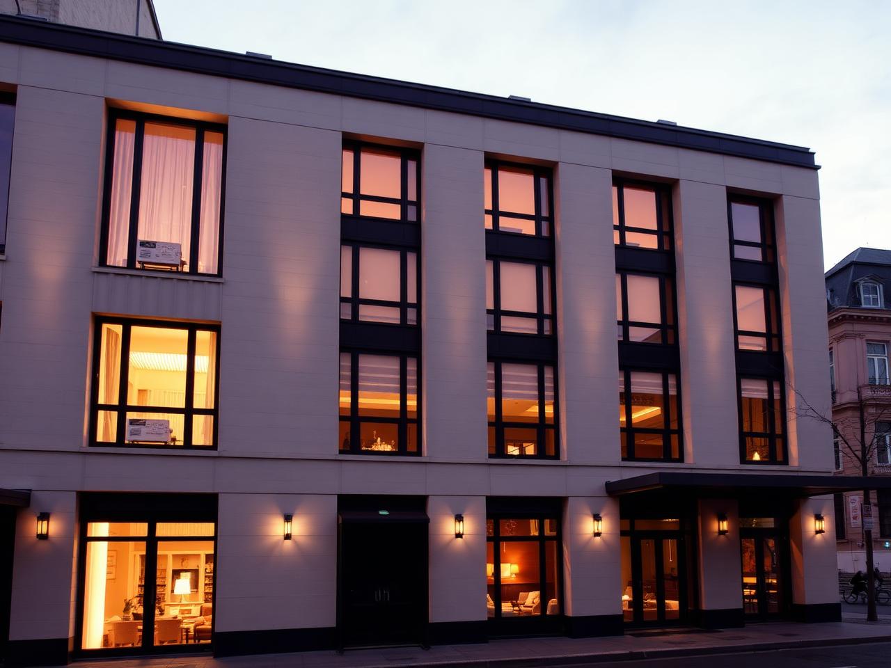 Soho House Berlin Bauhaus modernist building exterior at dusk in Mitte with warm illuminated windows and refined contemporary luxury private members club