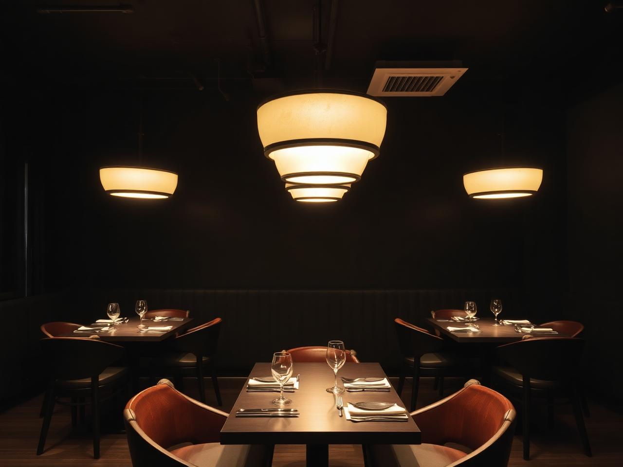 Tim Raue restaurant Berlin Kreuzberg dark moody fine dining interior with warm pendant lighting and refined considered Asian-influenced tables