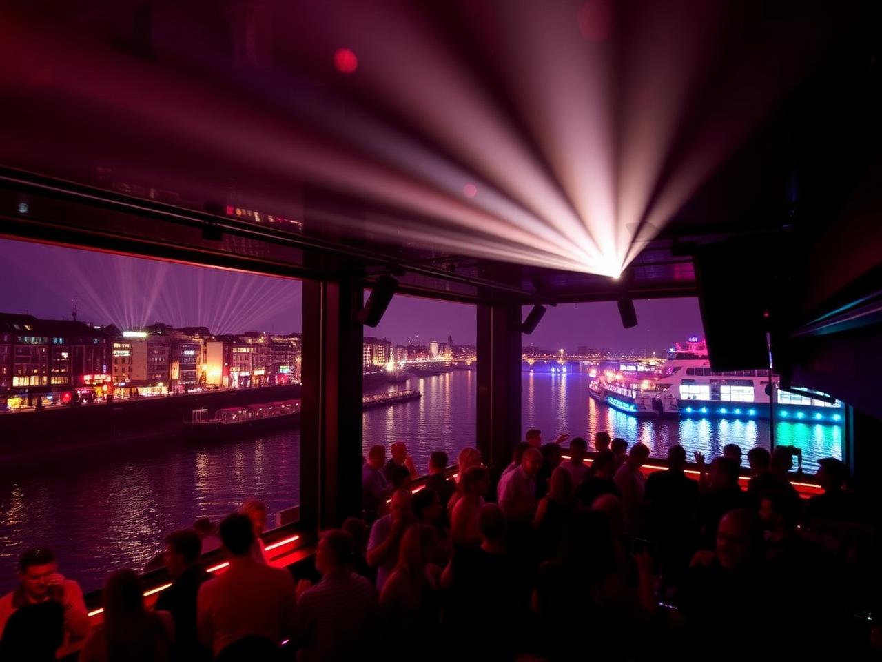 Watergate club Berlin Kreuzberg riverside nightclub with floor to ceiling windows over the Spree river at night, warm LED lighting and considered modern dance floor