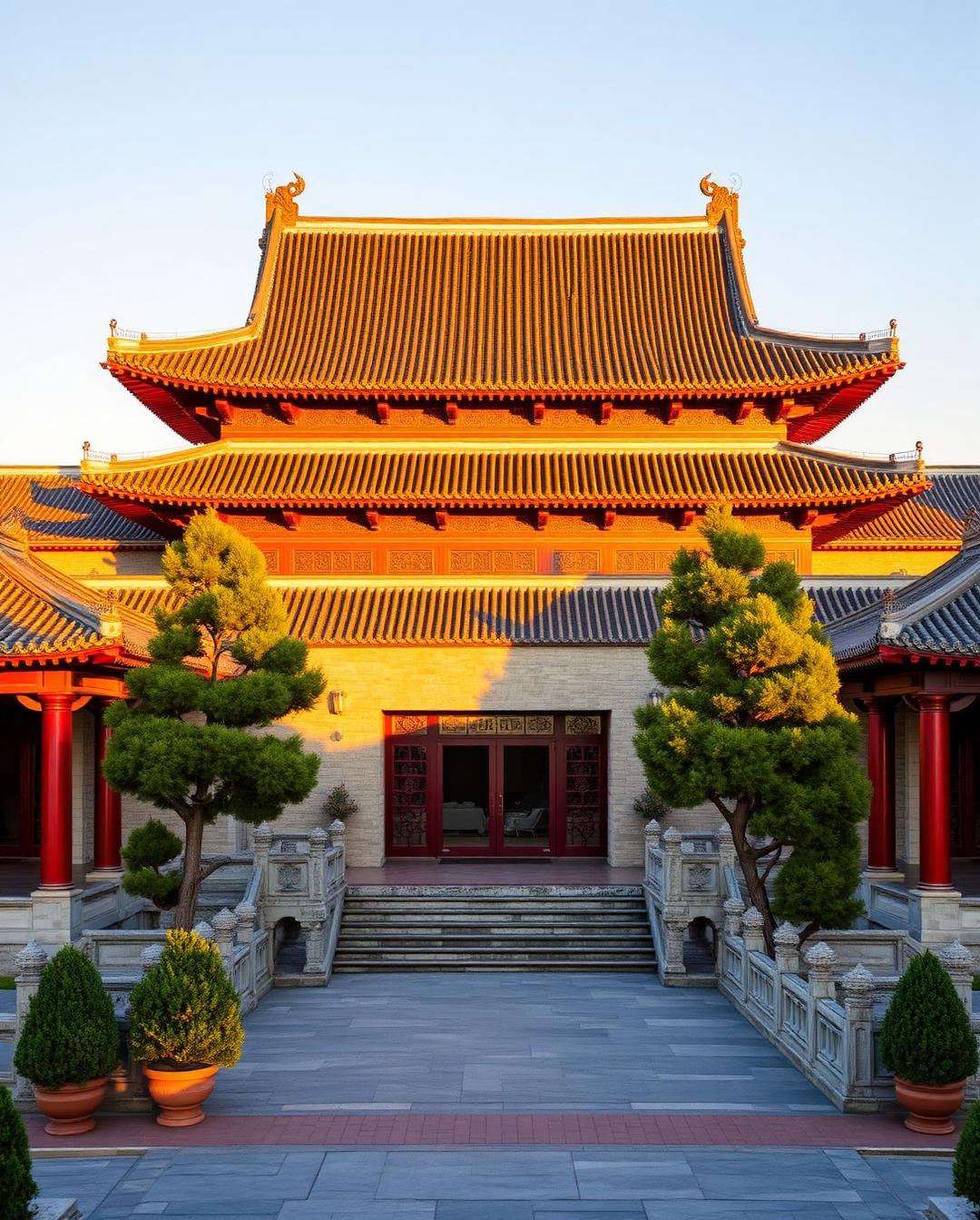 Aman at Summer Palace Beijing luxury hotel facade at golden hour with restored imperial pavilions, grey roof tiles, red lacquer columns, stone walkways and manicured pine trees