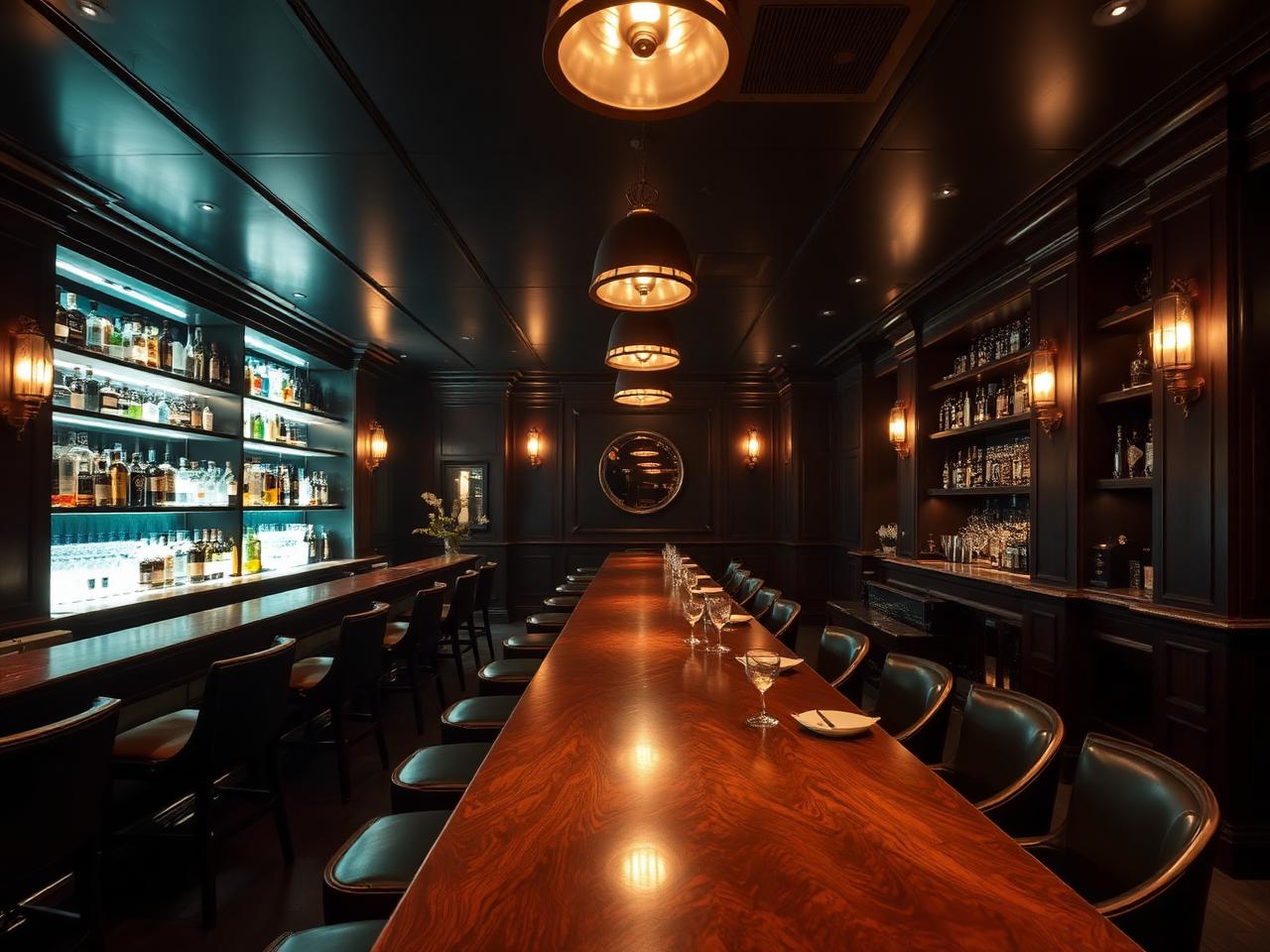 A refined Beijing cocktail bar with dark moody lighting, a long polished walnut bar with backlit liquor shelves, leather stools, art deco accents and brass lamps under warm cinematic amber light