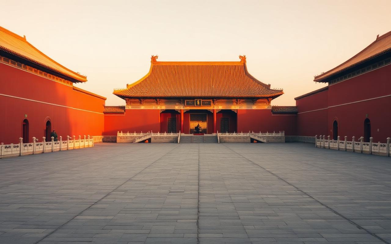 The Forbidden City Beijing at golden hour with vast empty courtyards, red palace walls, golden glazed roof tiles, marble balustrades and stone lions in warm cinematic light