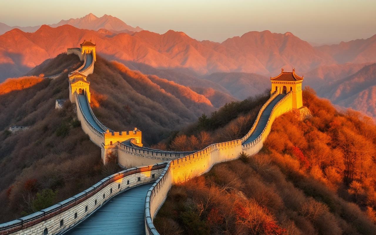The Great Wall of China at Mutianyu at golden hour winding across forested mountain ridges with stone watchtowers and autumn light