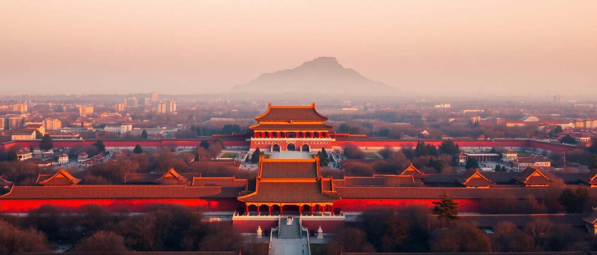 Panoramic aerial morning view of Beijing at golden hour with the Forbidden City's red walls and golden hipped roofs and the Jingshan hill rising behind
