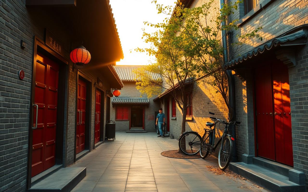 A traditional Beijing hutong lane at golden hour with grey brick siheyuan courtyard walls, red lacquer wooden doors with brass studs, stone drum pillars and persimmon trees