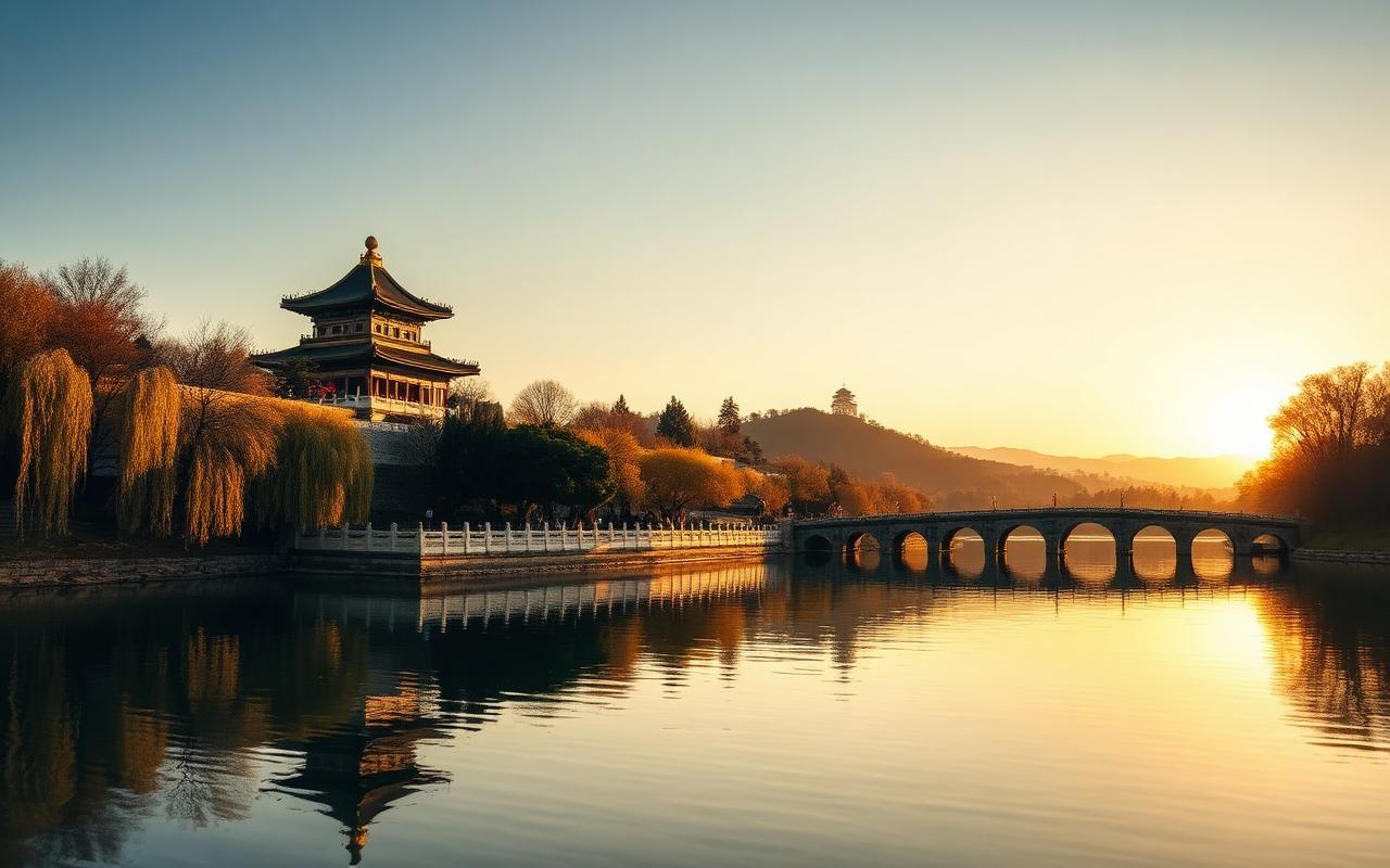 The Summer Palace Beijing at golden hour with calm Kunming Lake, the Long Corridor and Tower of Buddhist Incense on Longevity Hill, willow trees and stone bridges