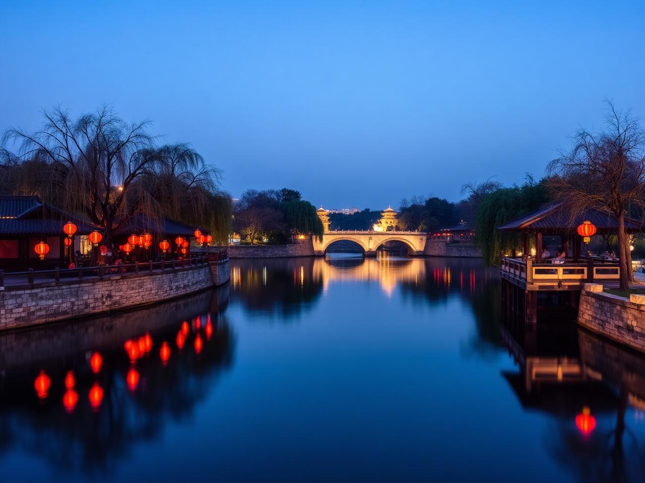 Houhai Lake Beijing at night with traditional grey-brick bars along the shoreline, red Chinese lanterns reflecting on calm water, willow trees, stone bridge and deep blue evening sky