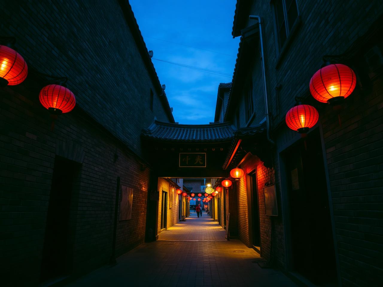 A Beijing hutong lane at night with a narrow grey brick alley, red Chinese lanterns glowing along the walls, traditional siheyuan gates with brass studs and a deep blue evening sky