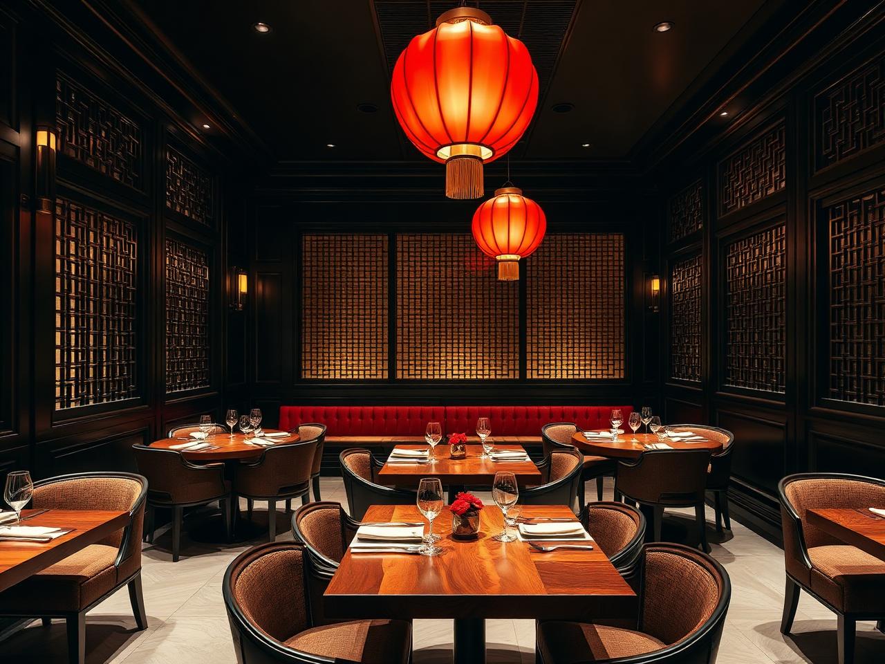 Refined modern Beijing duck restaurant interior with dark lacquer walls, traditional Chinese latticework screens, red silk lantern pendant lighting and polished walnut tables under warm cinematic amber light