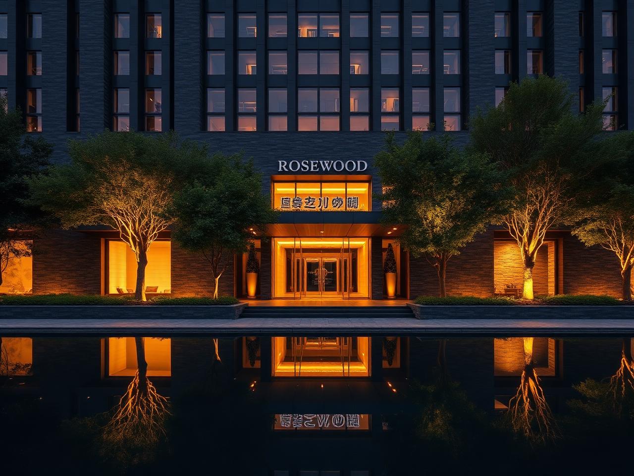Rosewood Beijing luxury hotel facade at golden hour with contemporary architecture, dark stone walls, mature trees, an illuminated entrance with bronze accents and a calm reflecting pool