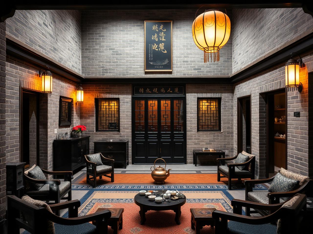 An elegant Beijing tea lounge inside a restored siheyuan courtyard with grey brick walls, antique blackwood furniture, celadon tea ware, brass kettle and paper lanterns under warm cinematic amber light