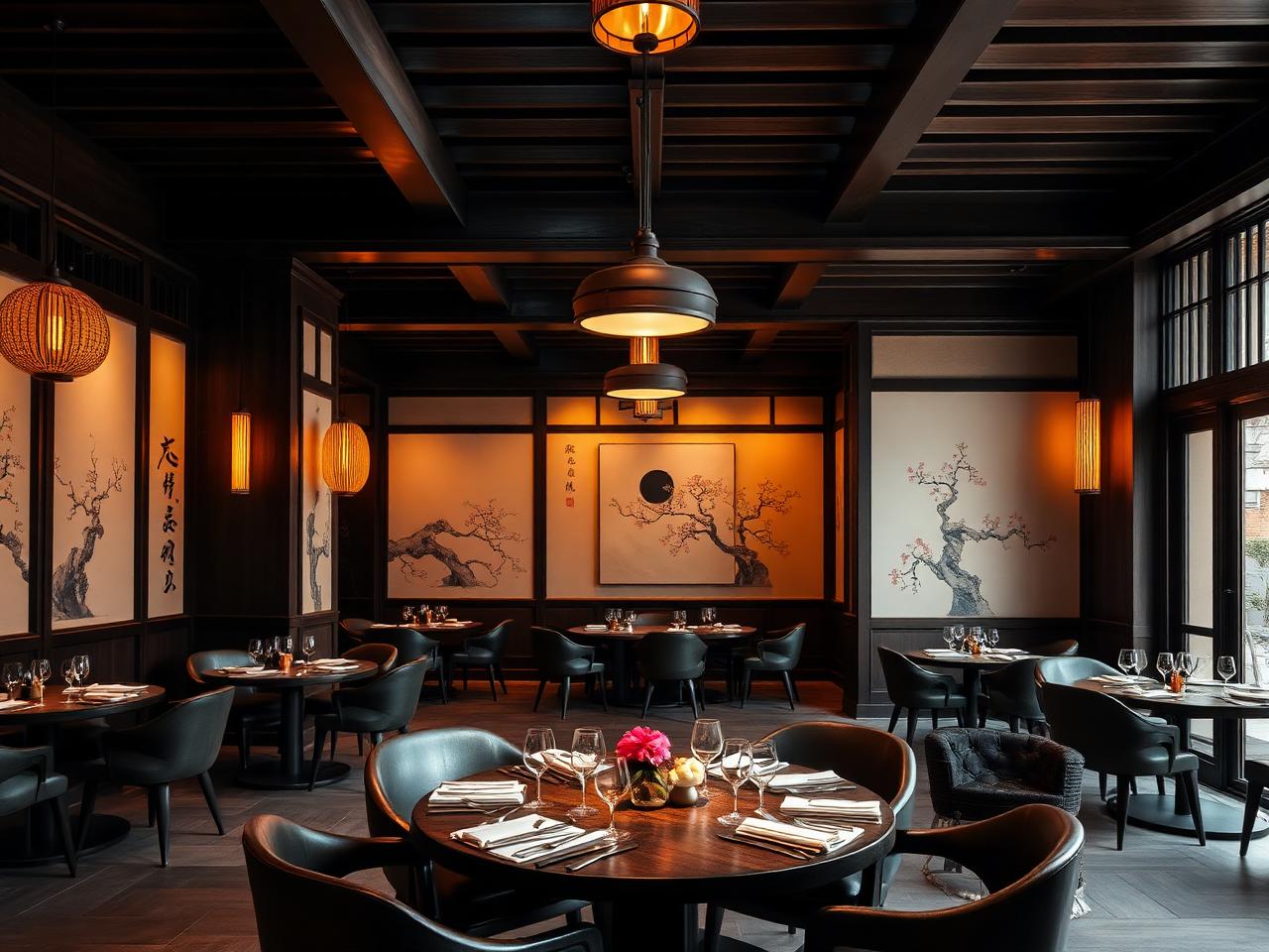 Sophisticated contemporary Chinese fine dining restaurant in Beijing with dark stained wood beams, hand-painted screens, ink-wash art and low pendant lighting under warm cinematic amber light
