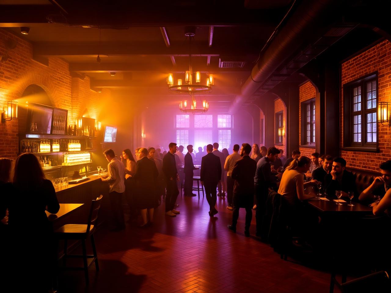 St Christopher's Inn at The Bauhaus Brugge late night bar with dance floor, low warm lighting, exposed brick walls, atmospheric haze and a stylish young crowd