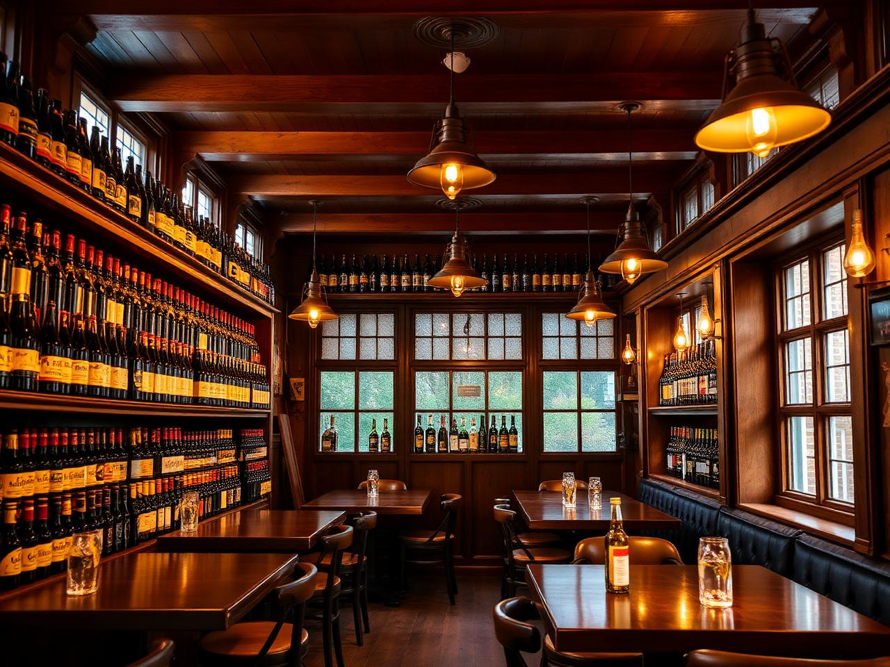 't Brugs Beertje Brugge historic Belgian beer café with warm wooden interior, hundreds of beer bottles displayed on shelves and low amber lighting
