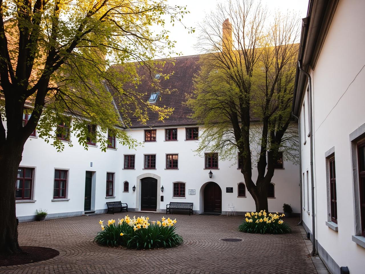 Begijnhof beguinage Brugge with serene whitewashed almshouses around a tree-lined courtyard with daffodils in soft golden afternoon light